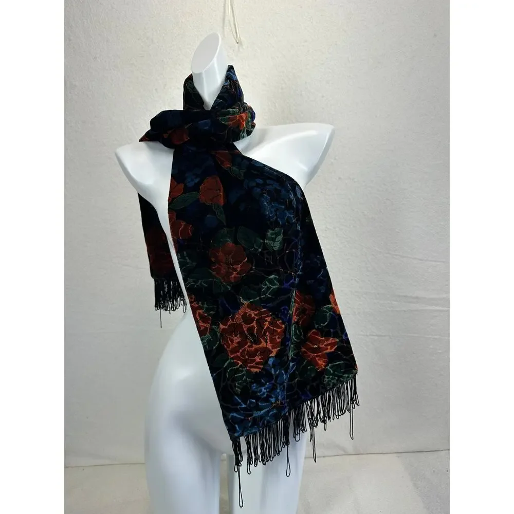 Vintage Art Deco Silk and Rayon Burnout Velvet Scarf with Fringed Ends